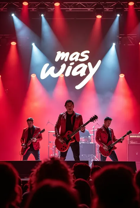 A 25-year old band wearing red jackets is in concert on a magnificent stage full of lights and inscriptions "MAS WIDY " di dinding panggung sedang menyanyikan lagu rock metal