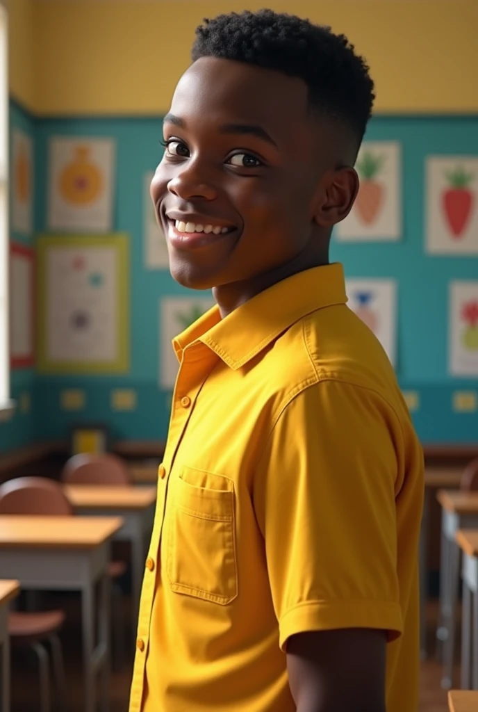 dark skinned male African teenager, in yellow school uniform looks back into a classroom while walking out grinning
 