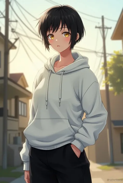  very short hair , black hair,Yellow Eyes, pretty girl,Handsome Girls,cool, boyish ,Neutral, Tall,Muscular, adult woman laughing,Beautiful breasts, nice butt, white oversized hoodie, long black pants, anime style,Outside the house in the morning , Ultra Hi...