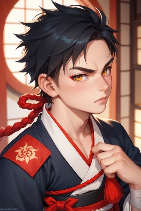 "A young boy with straight black hair, wearing a traditional ninja outfit. His eyes are a deep red, with a mysterious and powerful aura emanating from them. He has a determined yet innocent expression, typical of a . The background shows a peaceful ninja v...