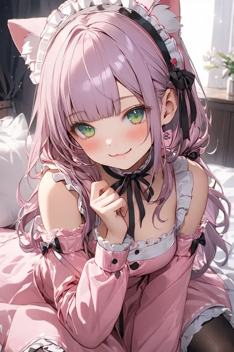 hello kitty,
1 girl, light purple hair, low twintails hair, blunt bangs hair, hair down, green eyes, hair ribbon, pink cat ears,
maid headdress, (:3:1.2), ribbon, smile, blush, pink dress, too many frills, black ribbon, long sleeves, bare shoulders, thighh...