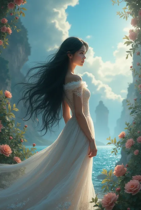 creates a very realistic image of a  princess looking forward with wavy black hair in a very beautiful enchanted place. remembering that she needs to be a . do it with a very ish dress