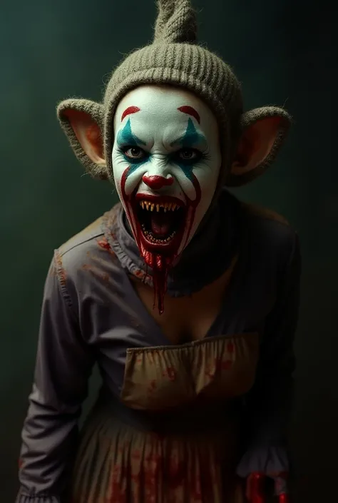 Hyperrealistic 8K image: 27-year-old woman dressed as a Teletubbie Joker. Murder, Blood. Incredible image