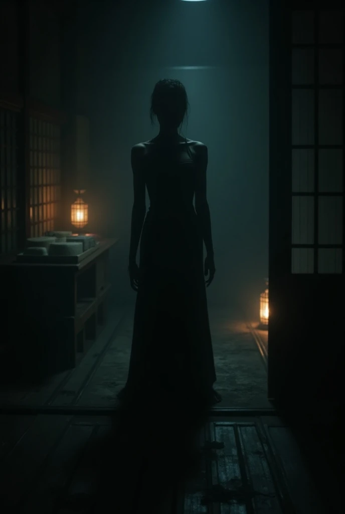 A dimly lit traditional Japanese room with a shadowy figure of a woman whose neck stretches unnaturally long. The setting is eerie, with faint lantern light casting ominous shadows."
