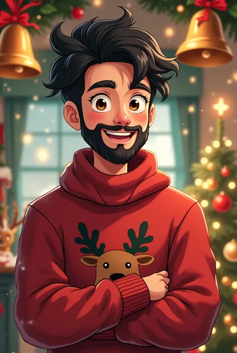  Light brown young man,black beard  , black hair , anime, Christmas clothes,  Christmas bells and reindeer, Name IVAN  