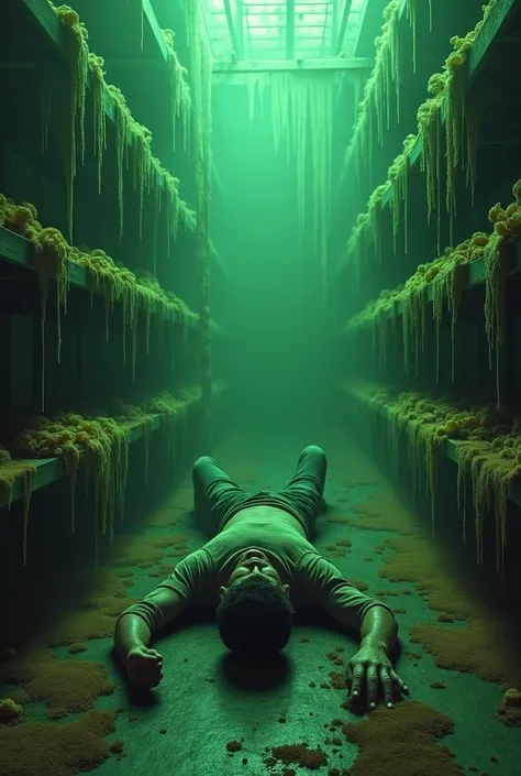 a man on the floor , by a window, blacked out. The walls with shelves filled with fungus crops, that fell to the floor. The room is invaded by a green cloud of spores
