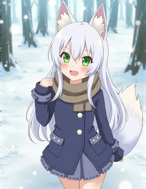 score_9,score_8_up,score_7_up,score_6_up,source_anime,
BREAK
A young fox girl,skinny and frail,(petite,cute:0.5),
green eyes,looking at viewer,
long hair,white hair,
smile,
winter clothes,
outdoors,winter,