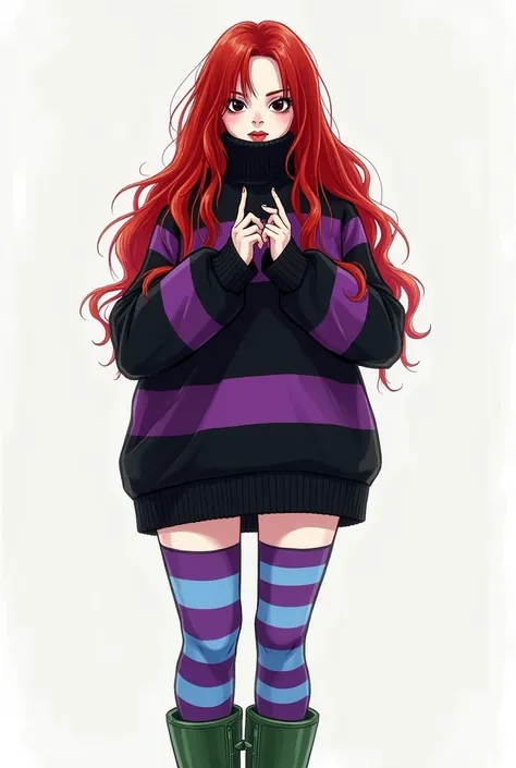 She skin is pale white. She has a very massive yet messy Red hair with black hair combined, her hair is so long till her legs. She wears an Black and Purple Stripes Sweater that covers her upper legs with a big turtleneck that covers half of her head, long...