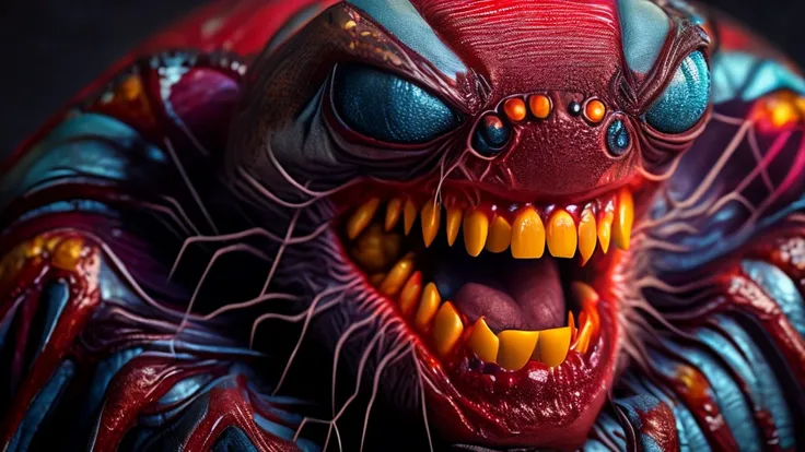 a huge mouth with lots of teeth, big head, spider, ultra vivid eye-catching colors, strong contrasts, (best quality,4k,8k,highres,masterpiece:1.2),ultra-detailed,(realistic,photorealistic,photo-realistic:1.37),HDR,UHD,studio lighting,extreme detail descrip...