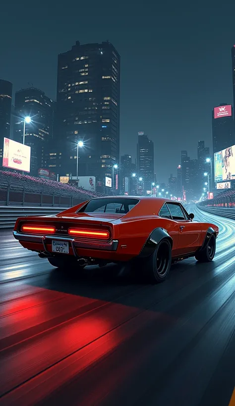 Dodge charger,  hyperrealistic,  running on a circuit at midnight,  with a lot of detail  