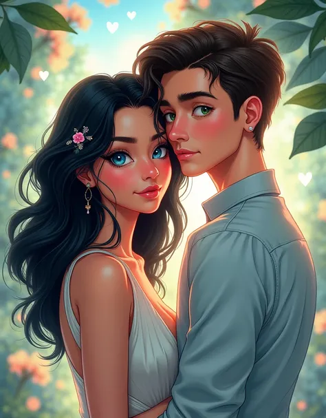 Make the cover of a short story ,  with a 21 year old girl with wavy and large black hair with beautiful blue eyes and a handsome man, 28 years old,  with brown hair and green eyes , beautiful(Cartoon ) coloca um fundo bem beautiful 