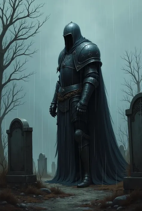 a dark knight standing in front of a grave under the rain 