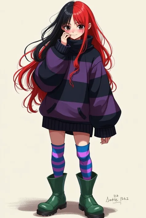 She skin is pale white. She has a very massive yet messy Red hair with black hair combined, her hair is so long till her legs. She wears an Black and Purple Stripes Sweater that covers her upper legs with a big turtleneck that covers half of her head, long...