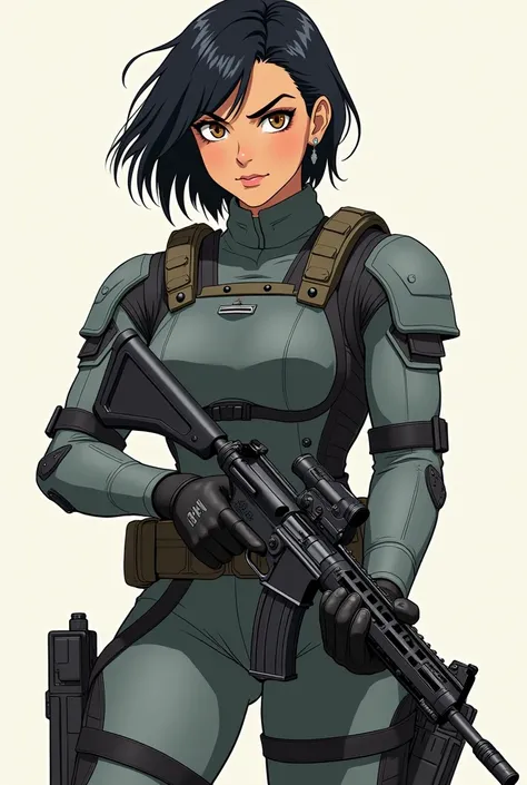 I want a beautiful female soldier; shes Navajo and has short black hair, tan-bronze skin, and amber eyes. I want her to be dressed in a gray tactical suit with black armored adjacents, black gloves, a utility belt and carry an MP40 weapon. The drawing shou...