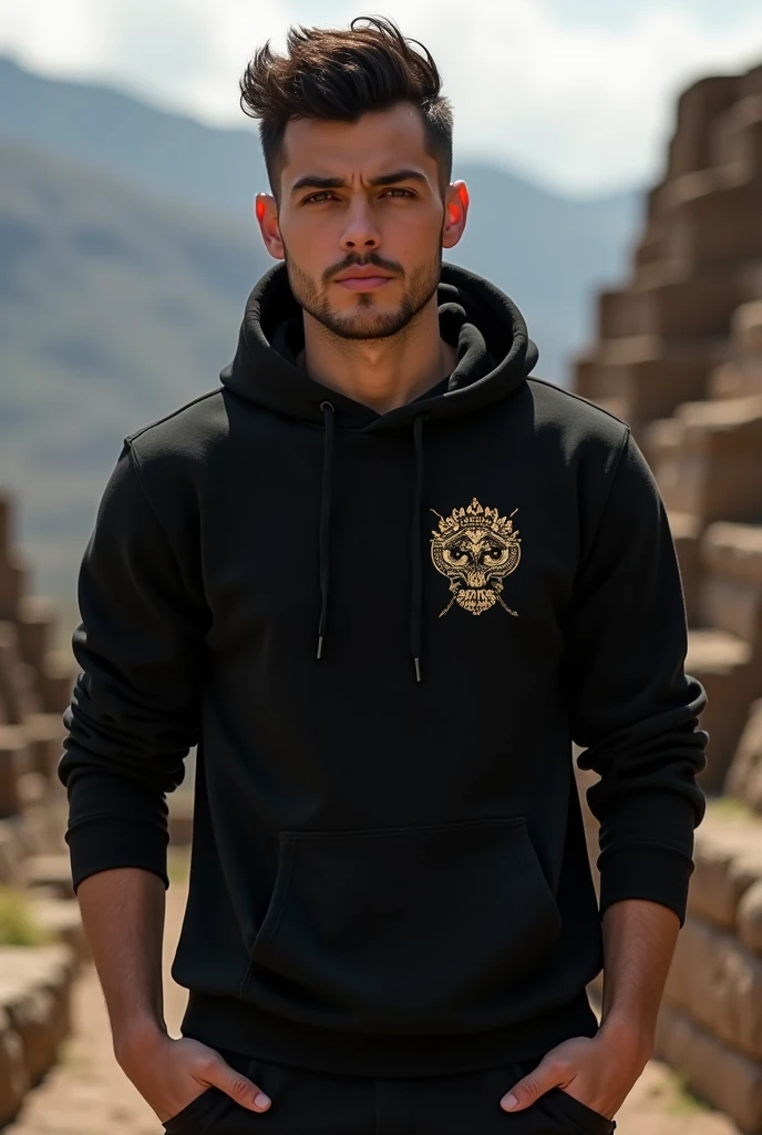  long sleeve black t-shirt with hood ,  on the right chest small a logo of the "UNFV " with an Inca art 