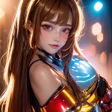 High image quality,8k, 1 close-up portrait of a girls face,Shiny brown long hair, detailed,  Cyberpunk ,The costume is shiny,Shiny red long hair, riding a motorcycle ,8k, detailed目,8k,  detailed,The background is white,