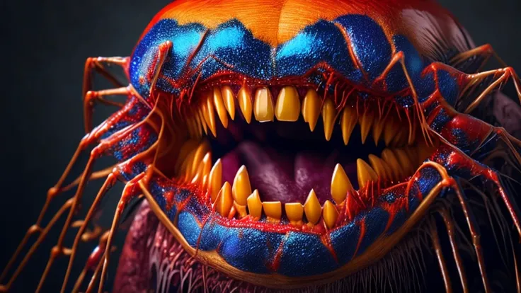 a huge mouth with lots of teeth, big head, spider, ultra vivid eye-catching colors, strong contrasts, (best quality,4k,8k,highres,masterpiece:1.2),ultra-detailed,(realistic,photorealistic,photo-realistic:1.37),HDR,UHD,studio lighting,extreme detail descrip...