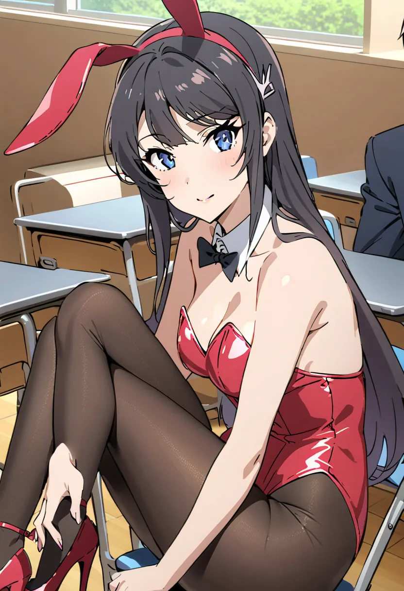 mai sakurajima, playboy bunny, black bowtie, pantyhose, strappy stiletto heels, invite a man, classroom, crossing your legs