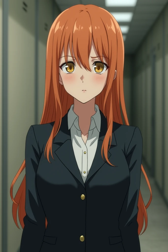 a woman, white pele, thin lips, honey-colored eyes straight long hair orange ,  with a tired expression ,  wearing formal clothing in a hallway setting, anime version
