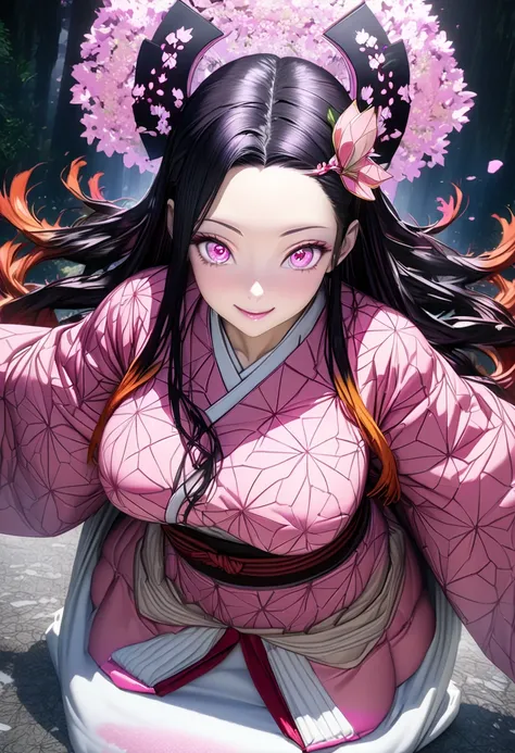 the night, night forest ,  kneeling , EROTICA,Naked(full body 1.1), sexy, smiling,  The masterpiece of Nezuko Kamado , smile, Rejoice,  Long black hair with orange tips ,  headband ,  long hair,  multicolored hair , ( pink eyes : 1.5)  round,  orange hair,...