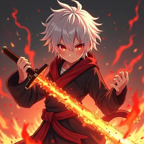 boy,white hair, glowing red eyes,Fire Magic Sword ,fierce face,anime,Aura surrounded by fire , red and black clothes