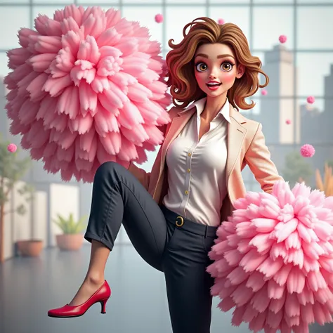 A woman in a suit dancing with a giant pompom held by a cheerleader