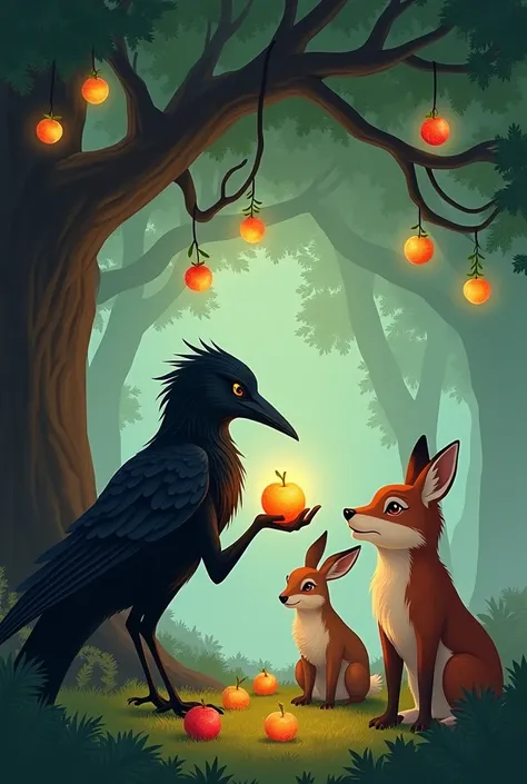 5.  The raven shares the magic fruits with other animals 

" The raven distributes the magic fruits to forest animals , like a deer, a rabbit and a fox .  Each fruit emits a soft glow .  The animals show expressions of joy and gratitude as they share the m...