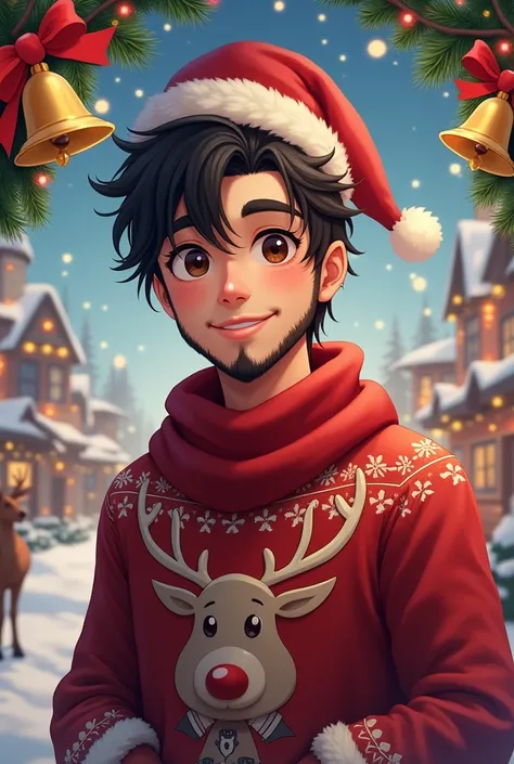  Light brown young man,black beard  , black hair , anime, Christmas clothes,  Christmas bells and reindeer, name "Ivan"