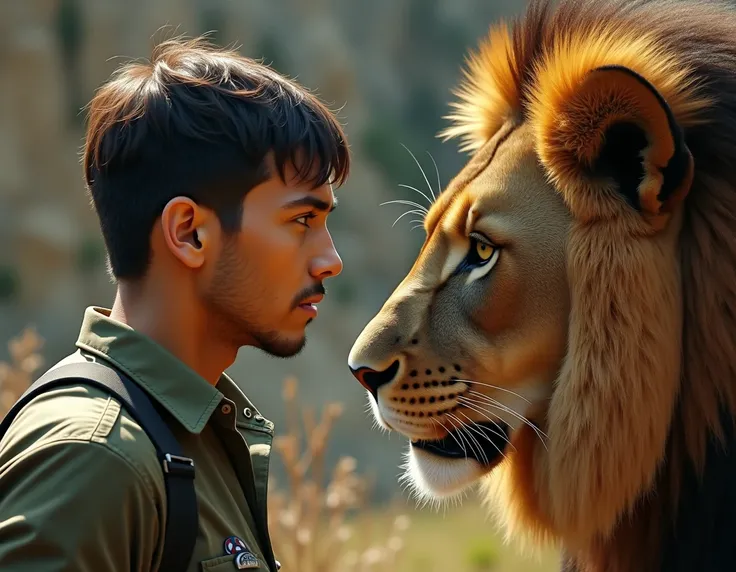  Here is a picture depicting a handsome young man wearing a soldiers shirt face to face with a lion. image size 9:16