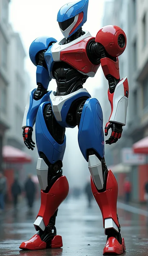 A robotic Golem with a sleek tricolor design of blue, white, and red. Its shoulders and headpiece resemble the Eiffel Towers angular structure.