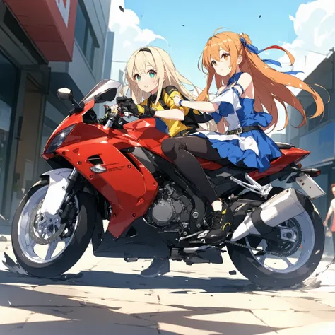 Two anime girls, one with blonde hair and the other with orange hair, riding a red motorcycle; blonde girl, center, wearing black/yellow outfit,  orange-haired girl,  slightly right of center wearing blue/white outfit; both girls facing forward, girls pose...