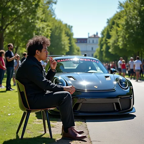 An Asian man with curly hair is sitting on a chair facing forward, with one leg crossed and his left hand holding a cigarette. Behind him and slightly to the side is a sleek black Porsche with an RWB body kit, positioned near him on a street inside the par...