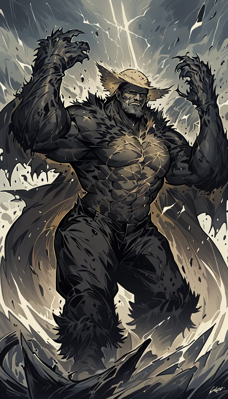 he is colossally tall, over two meters of pure muscle covered by thick, black fur that shines with a slightly bluish hue in the ...