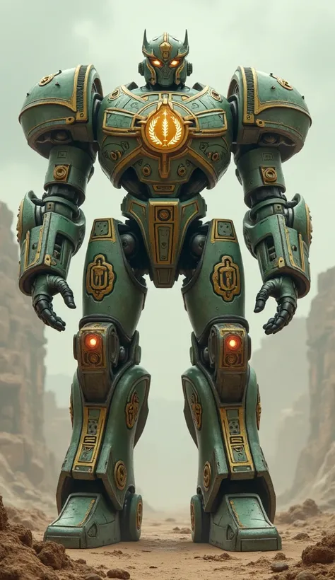 A robotic Golem with green, white, and red armor, styled like Roman architecture. It carries a glowing olive branch emblem on its chest.