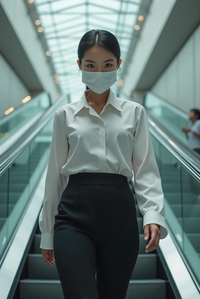 (masterpiece),8k,Thai school ren Collared shirt, white cuffs, big breasts, wearing a mask. walking on the escalator