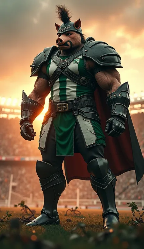 Imposing humanoid hybrid, a fusion of a Musketeer (Corinthians mascot) and a Pig (Palmeiras mascot).
Position: Standing in a commanding stance.
Complete Scene: A dramatic face-off on a post-apocalyptic football field with shattered goalposts, overgrown gra...