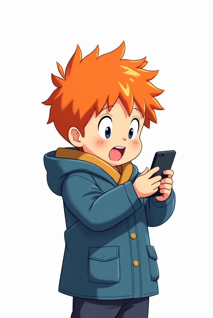 Make an orange-haired  boy with a blue coat, playing on your cell phone,  white background, Cartoon Anime Style 