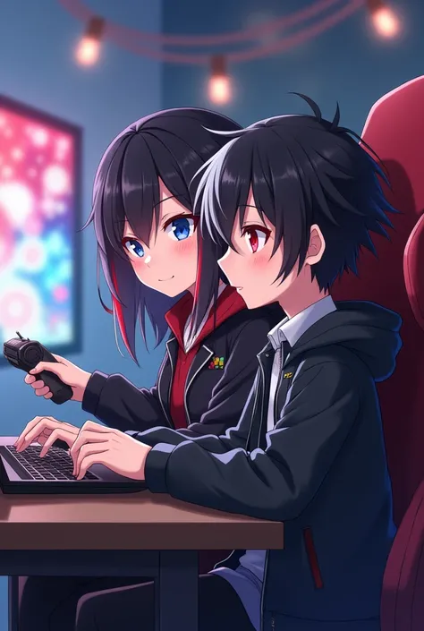 Anime girl with blue eyes, black hair with red rays, wearing a black jacket sitting in a gamer chair in front of a laptop and at the same time a cute boy with black and half white hair with red eyes playing with the remote control on the computer