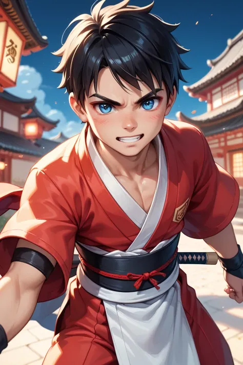 "A young boy with straight black hair, wearing a traditional ninja outfit. His eyes are a deep red, with a mysterious and powerful aura emanating from them. He has a determined yet innocent expression, typical of a . The background shows a peaceful ninja v...