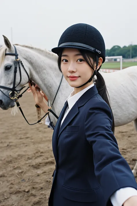 A cute smiling selfie from the first persons perspective. 36 years old, CEO of a Singapore listed company, with a round face and chest-length black straight hair tied in a ponytail. Wearing a high-end fashion brand long-sleeved riding suit. Wearing a ridin...