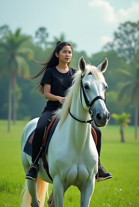 realistic, cinematic, Close-up, a beautiful Indonesian woman is riding a white horse in a green field, with a background of grass, trees and clouds. He was wearing a black t-shirt and wearing sports shoes. She had long black hair that was tied up.