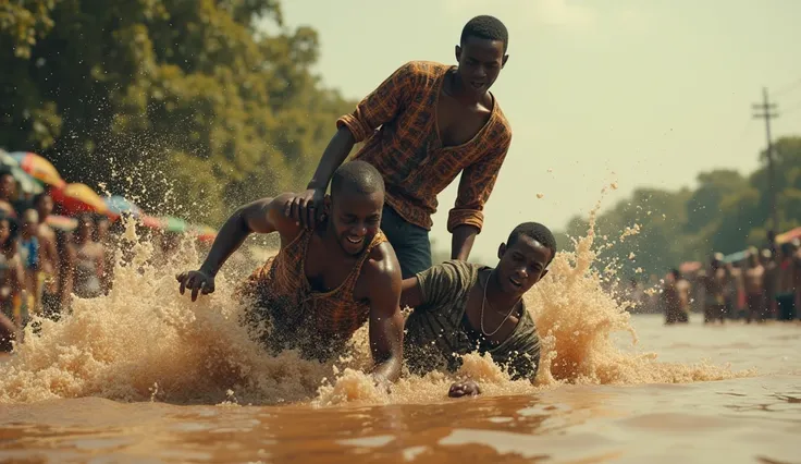 
1. The Human Pyramid Collapse: A dramatic scene of the three young men in a shaky human pyramid in the middle of the muddy river. The top man is falling backwards with a terrified expression, while the others look panicked, surrounded by splashes of water...