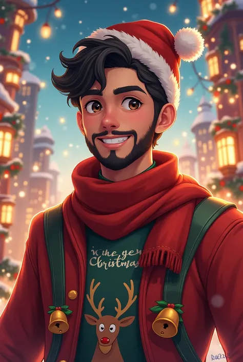  Light brown young man,black beard  , black hair , anime, Christmas clothes,  Christmas bells and reindeer, name "Ivan"