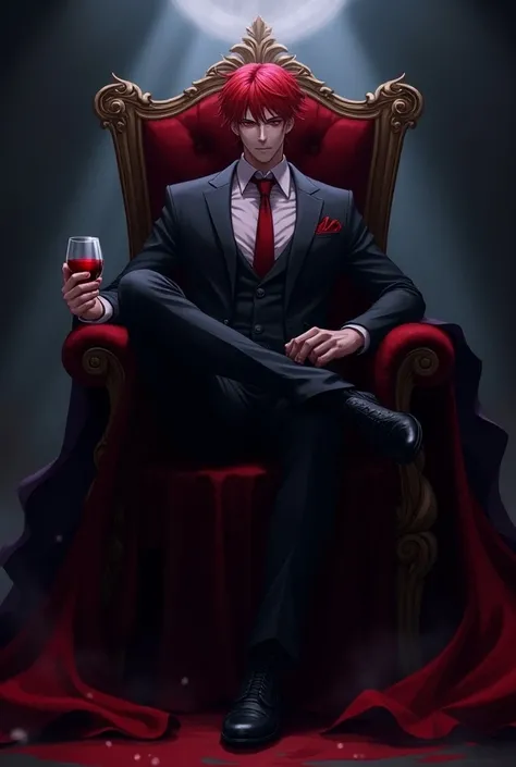 Vampire Man Lord , short red hair and defined body ,anime design,  dark suit without tie shirt with red details , sitting on the throne, with glass of wine in left hand , full body art , at night, crossing his legs 