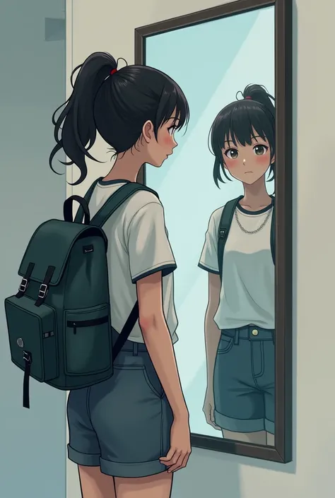  A student looking into a mirror... You can see her reflection in the mirror ...  she is located laterally ...  the student has her backpack on... I need full body image 