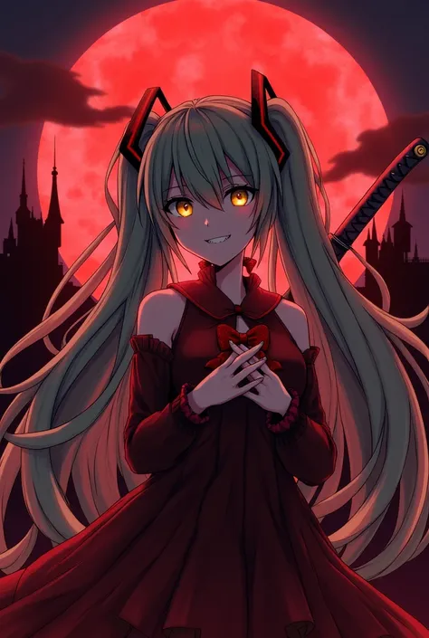 1girl, kiss-shot acerola-orion heart-under-blade, 

Hatsune Miku, long hair, (yellow eyes), pointy ears, dress, hair ribbon, pantyhose, vampire, fangs, glowing eyes, seductive smile, night, full moon, red moon, transylvania, castle, outdoors, bat (animal),...