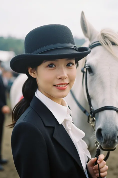 A cute smiling selfie from the first persons perspective. 36 years old, CEO of a Singapore listed company, with a round face and chest-length black straight hair tied in a ponytail. Wearing a high-end fashion brand long-sleeved riding suit. Wearing a ridin...