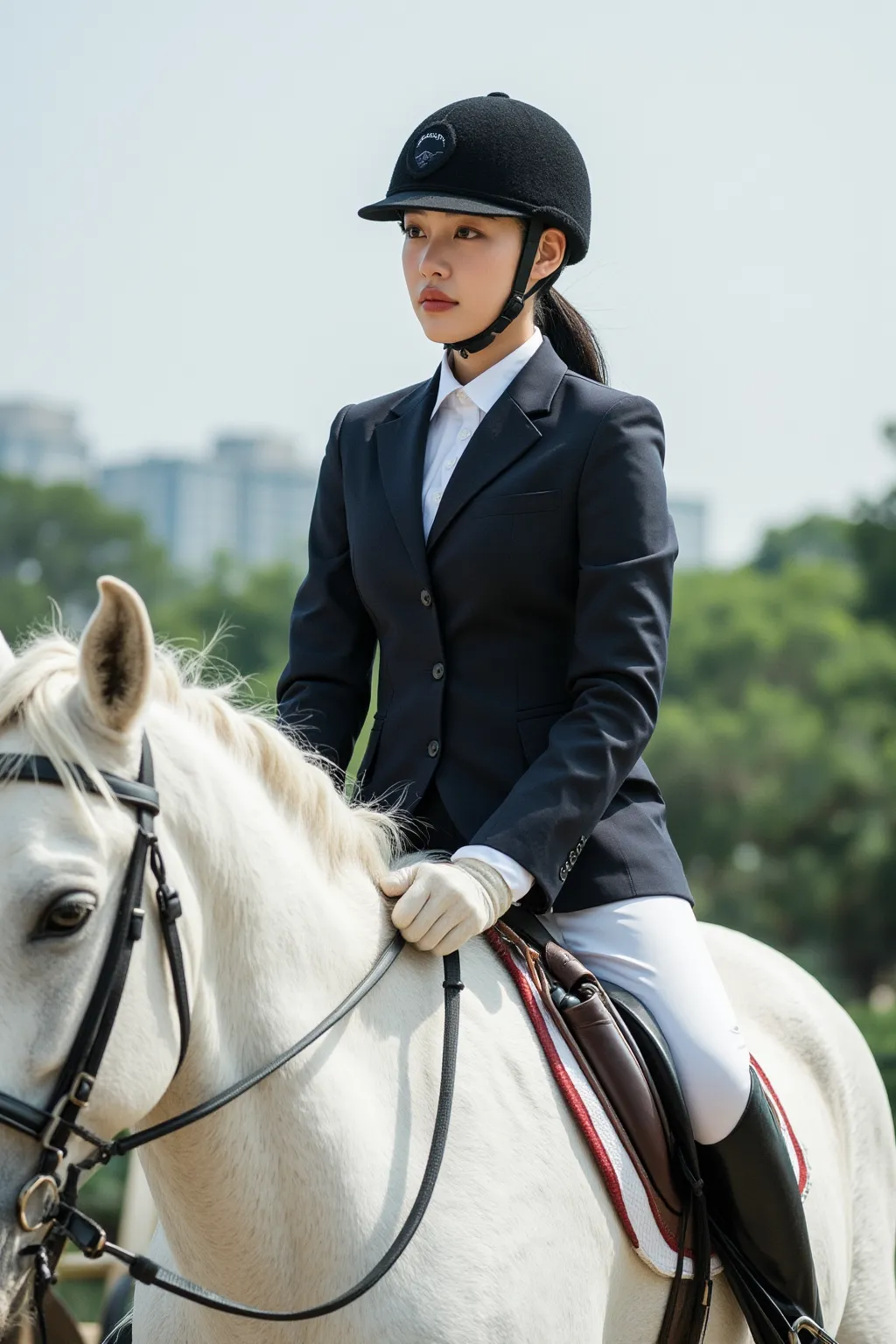 36 years old, female ceo of a listed company in singapore, round face, chest-length black straight hair tied in a ponytail. wear...