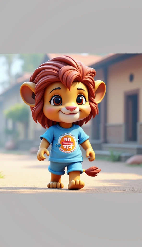 Create a image of 3D animation cute baby lion, size red-brown hair, wearing a bule
 shorts and rad t-shirt with text “sheru like and subscribe एक बार की बात है, शेरू और उसके पापा एक सुनसान गांव से गुजर रहे थे।