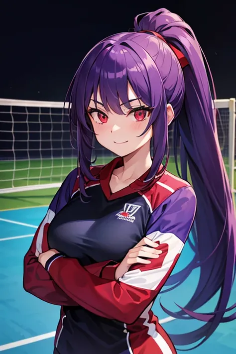 masterpiece, best quality, ultra detailed, 1girl, long purple hair, ponytail, red eyes, looking at viewer, smile, crossed arms, dark blue volleyball uniform, jersey, long sleeve, volleyball court, perfect body, perfect hands
